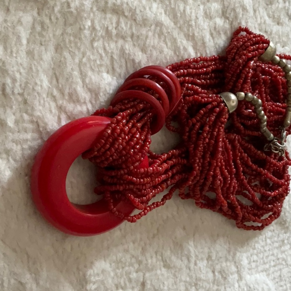 Red Beaded Necklace with Large Ring Accent